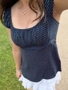 Women's Vacation Casual Polka Dot Print Bow Tie Waist Cinched Cute Girl A-Line Square Neck Short Sleeve T-Shirt Top Summer