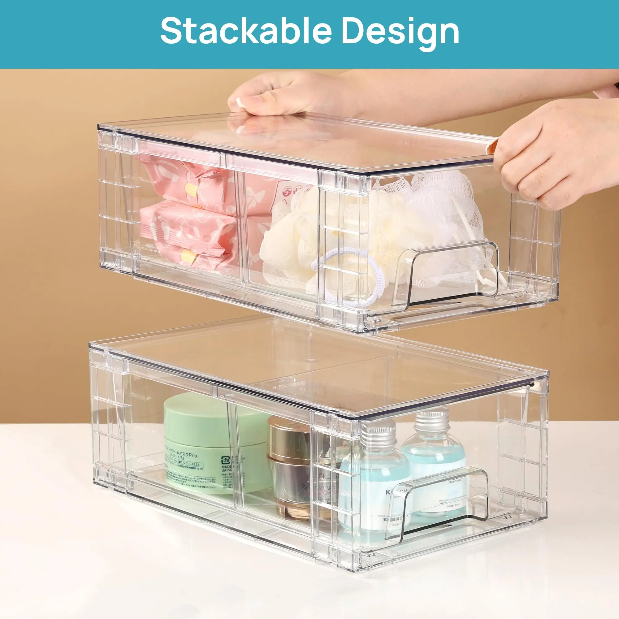 4 Pack Stackable Storage Drawers, Clear Drawer Organizers with Handles, Easily Assemble for Fridge, Bathroom, Kitchen Undersink, Cabinet, Pantry Organization and Storage Home