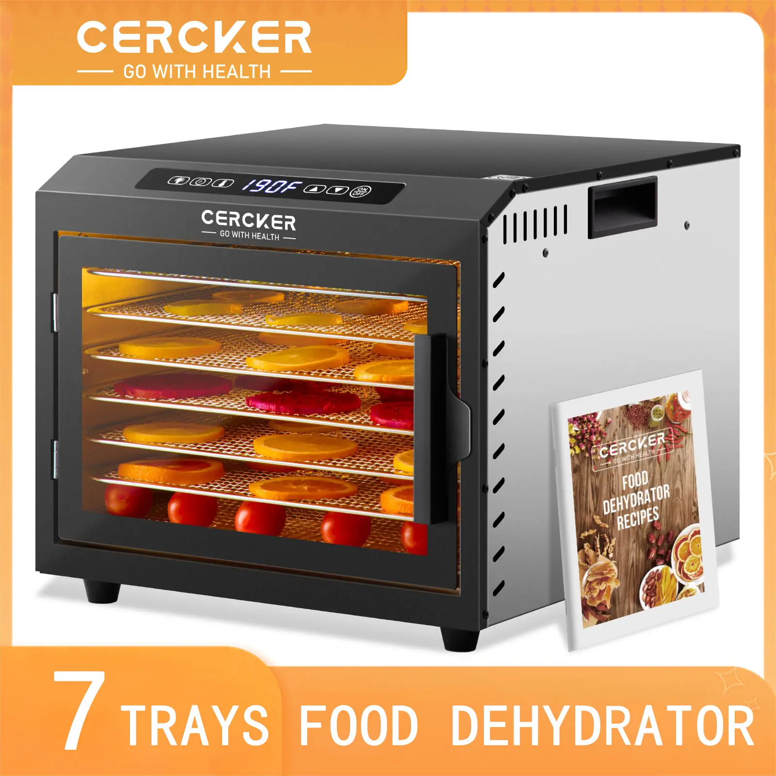 Cercker Food-Dehydrator Machine 7 Stainless Steel Trays, 6ft² Jerky Dehydrator,120V Small Food Dehydrator, 190ºF Mushroom Dehydrator, 24H Fruits Dehydrator, 800W Meat Dehydrator for Herbs Veggies,Dog Treats