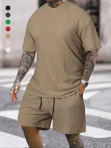 Homme Men's Casual Short Sleeve Round Neck Jacquard Shirt Set, Geometric Bubble Texture Design, Perfect for Hawaiian Beach Wear