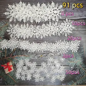 91pcs Snowflake Set - Door Sign Decorations, Christmas Tree Decorations, Snowflake Decorations On Tree, 4 Different Sizes Plastic Glitter White Snowflake Decorations, Indoor Door Sign Decorations, Christmas Indoor Winter Wonderland Decorations Ornaments