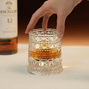 Stylish 360° Rotating Diamond Facet Crystal Whiskey Glass - Premium Diamond Cut Spinning Tumbler for Wine, Cocktails, Barware Gift Cup, Diamond Facet Rotating Whiskey Glass