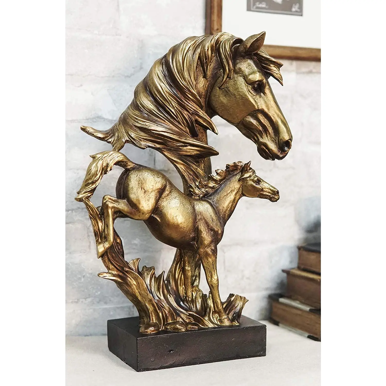 Ebros 15" H Large Wild Stallion Bronzed Horse Bust Sculpture, Museum-Style Pedestal Base Animal Figurines, Home Decor Gift for Home Supplies