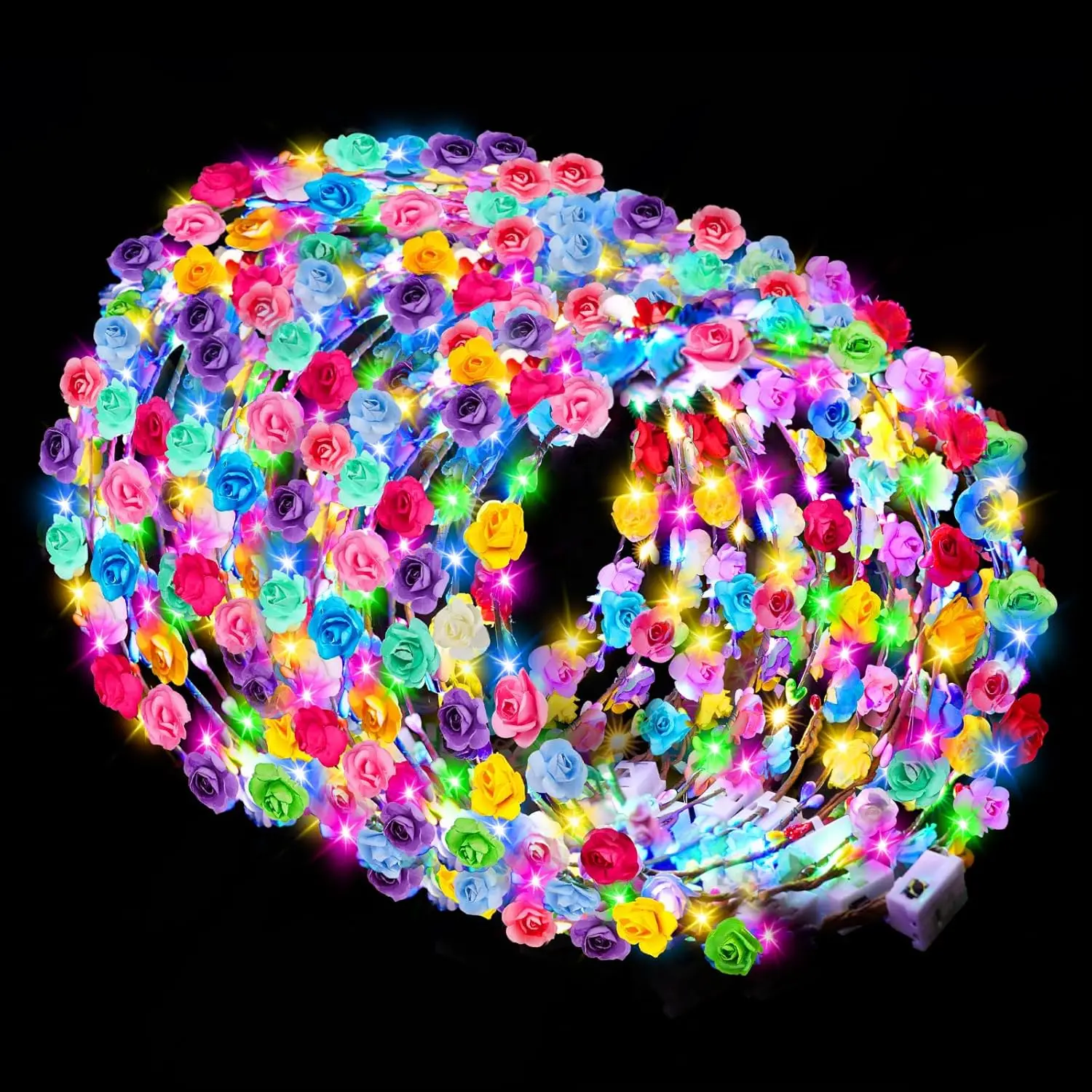 54 PCS 25.4 Inch LED Floral Crown Headbands - 3 Flash Mode Light Up Headbands for Female, Wedding Reception, Halloween, Christmas (Sports & Outdoor Fan Shop Gaming Party Favors), Birthday, Flower Crown