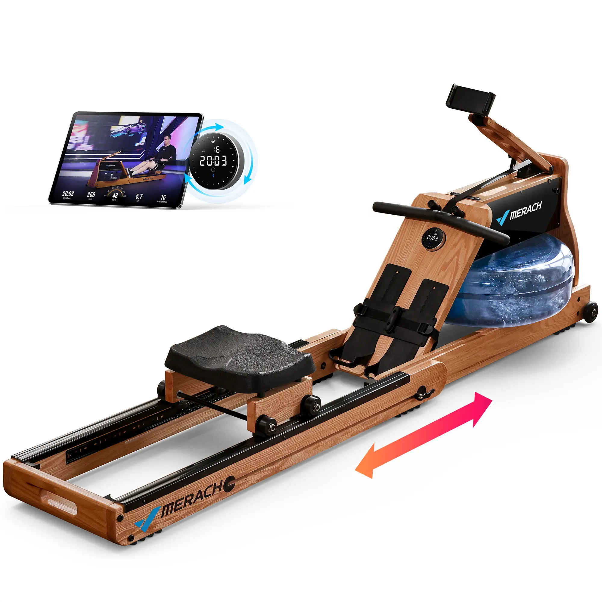 Merach Foldable Wooden Rowing Machine, Water Electromagnetic Rower Machine for Home Use, Patented Space Saver, MERACH Go Technology Summervibes