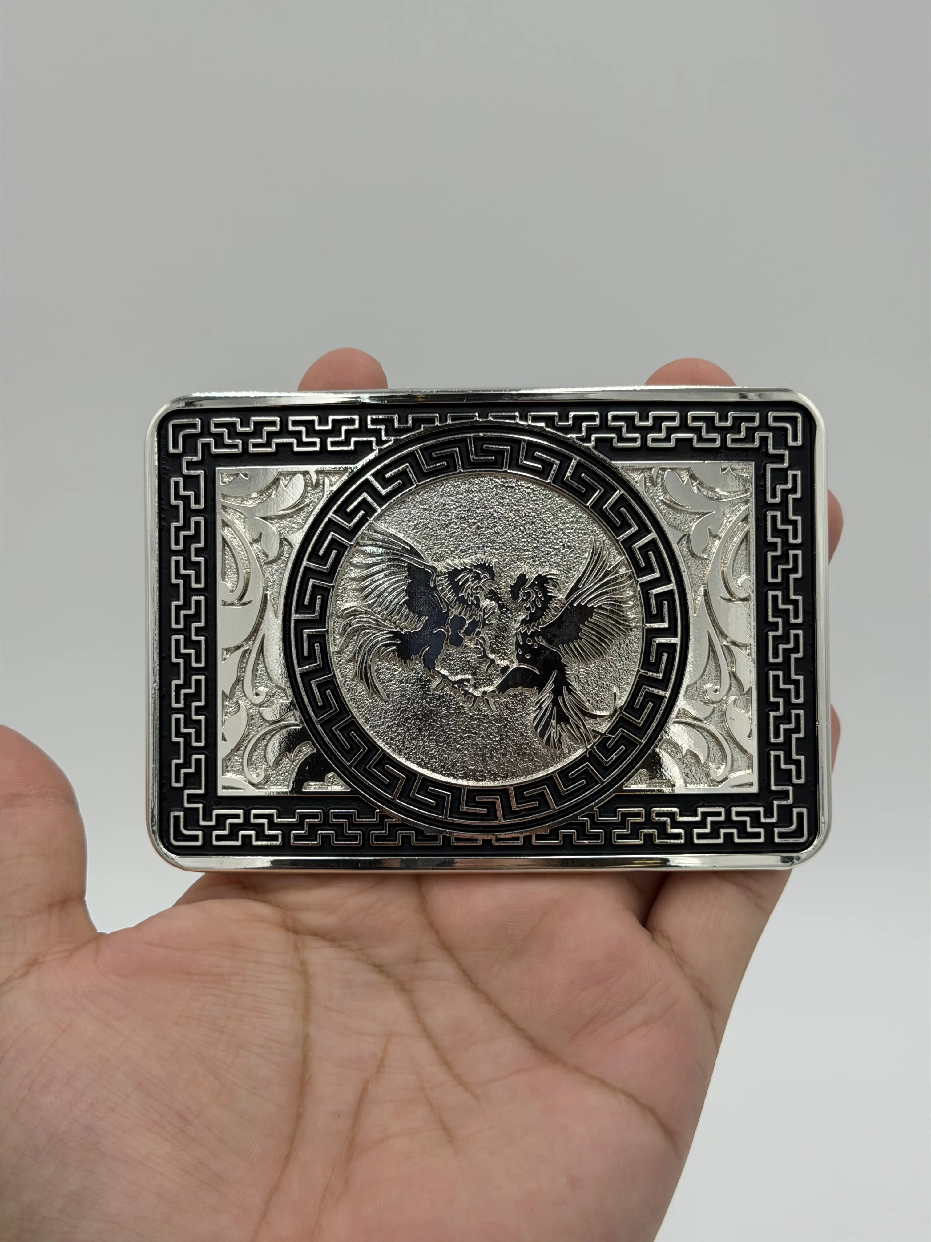 Buckle- Roosters Blk and Silver Color Intricate Western scrollwork and engraving