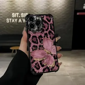 Butterfly Pink Leopard Pattern Four-corner Drop-proof TPU Phone Case for iPhone 17 16 15 14 Pro Max 13 12 11 XR XS Plus Shockproof Full Camera Protection Durable Slim Silicone Case Smartphone Cellphone Protective Casing Screen Protector