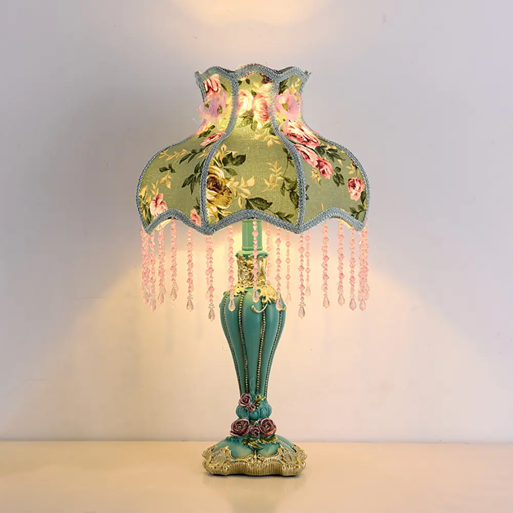 Aeyee Antique-Inspired Bead Table Lamp - 19.6in H x 12.9in W x 12.9in D, Fabric Lampshade, Flower Decor, Green Home Decoration Lamp, Ambient Lighting for Bedroom Nightstand Decorative Lights, Flowers