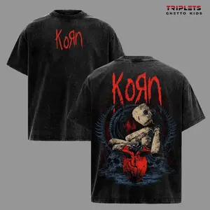Korn Band Graphic Washed Tee, Vintage Nu Metal T-Shirt, Oversized Streetwear Grunge Shirt, Distressed Black Acid Wash Cotton Tee, Horror Doll Artwork Back Print, Unisex Rock Style 736
