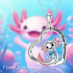Exquisite Adorable Axolotl Heart-Shaped Alloy Pendant Necklace - Unique Cute Salamander Charm Jewelry Gift for Women, Girls, Animal Lovers, Birthdays & Valentines