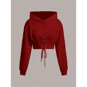 [Chic White Crop Hoodie] White Chic Long Sleeve Crop Hoodie - Elegant Women's Polyester Blend Top with Drawstring & Lace-Up Detail, Machine Washable - Perfect for Spring/Fall