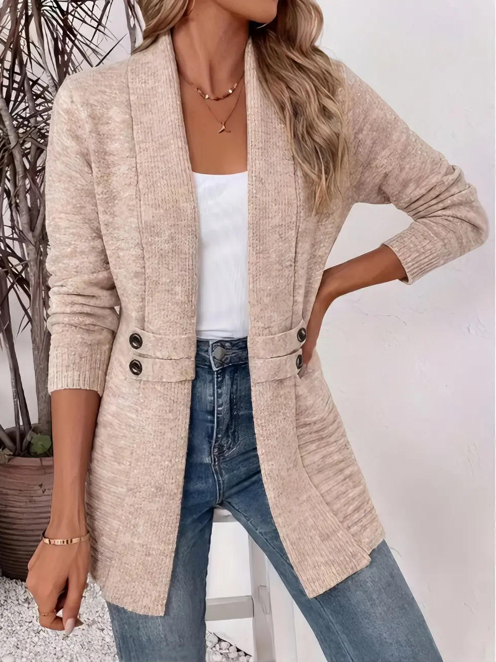 Women's Spring/Autumn Casual Double-Breasted Decorative Cardigan with Shawl and Waist-Defining Design. This versatile mid-length knit cardigan exudes a relaxed and stylish vibe, making it perfect for everyday commuting or casual wear.