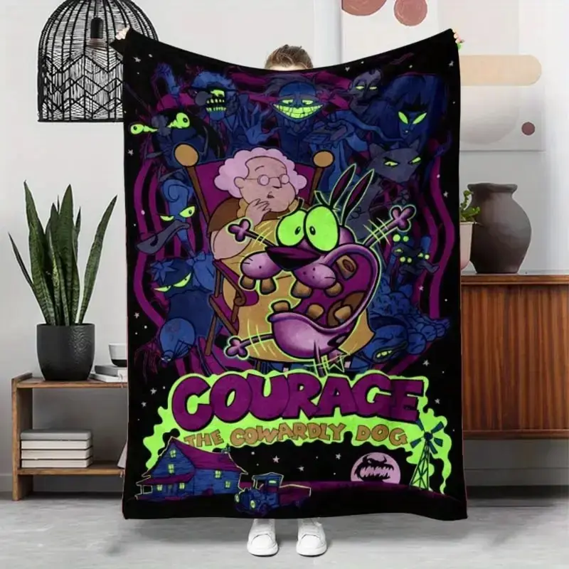 Courage the Cowardy Dog Character Art Flannel Blanket - Lightweight All-Season Soft Purple-Neon Green Horror-Themed Home Accessory, Unique Funky Quirky Home Decor, Horror Lover Gift, Cool Room Decor