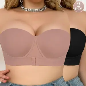 Mimilemon 2PCS Plus Size Women's Bandeau Sameless Strapless Push-Up Bra Front-Lift Design Invisible Push Up Backless for Wedding