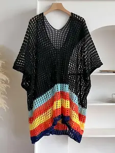 Women's Colorful Patchwork Open Front Crochet Cape, Casual Boho Style Shawl for Daily Wear, Fashion Accessories for Women & Girls, Fashion Knit Shawl