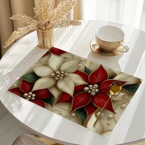 Poinsettia Print Placemat, Rectangular Washable Kitchen Dining Decor, Xmas Holiday Decorations for Daily/Independence, Coasters, Floral Pattern Placemat