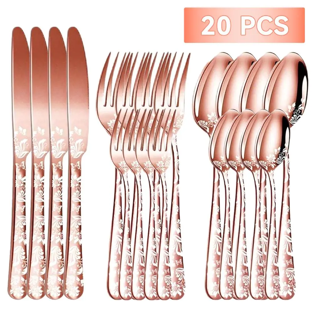 20-Piece Floral Pattern Stainless Steel Cutlery Set, Elegant Engraved Flatware Service for 4 Includes Forks Knives Spoons, Mirror Polished Dining Utensils for Home, Special Occasions, College Dorm Essentials and Back to School Gifts