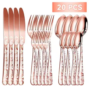 Flower Pattern Stainless Steel Cutlery Set, Dinnerware Service Set, 20pcs/set Including Knife, Fork and Spoon, Home Kitchen Restaurant Cutlery Set
