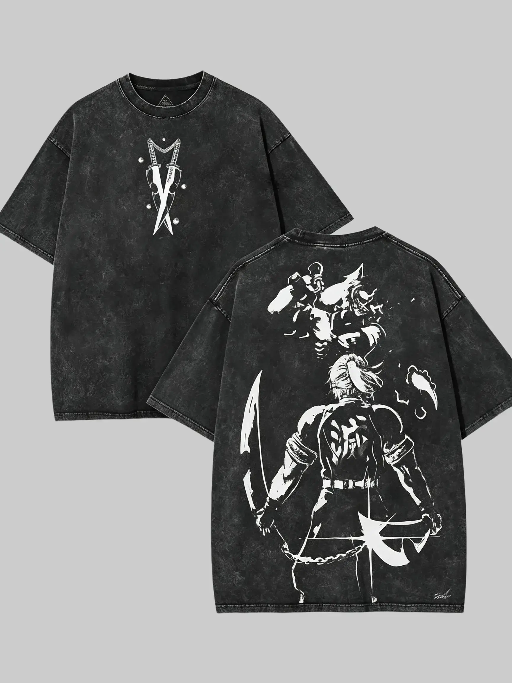 Men's Oversized Vintage Acid Wash Demon Slayer Sanemi Graphic Print T-Shirt - Heavyweight Cotton, Round Neck, Short-Sleeve Streetwear Menswear Top