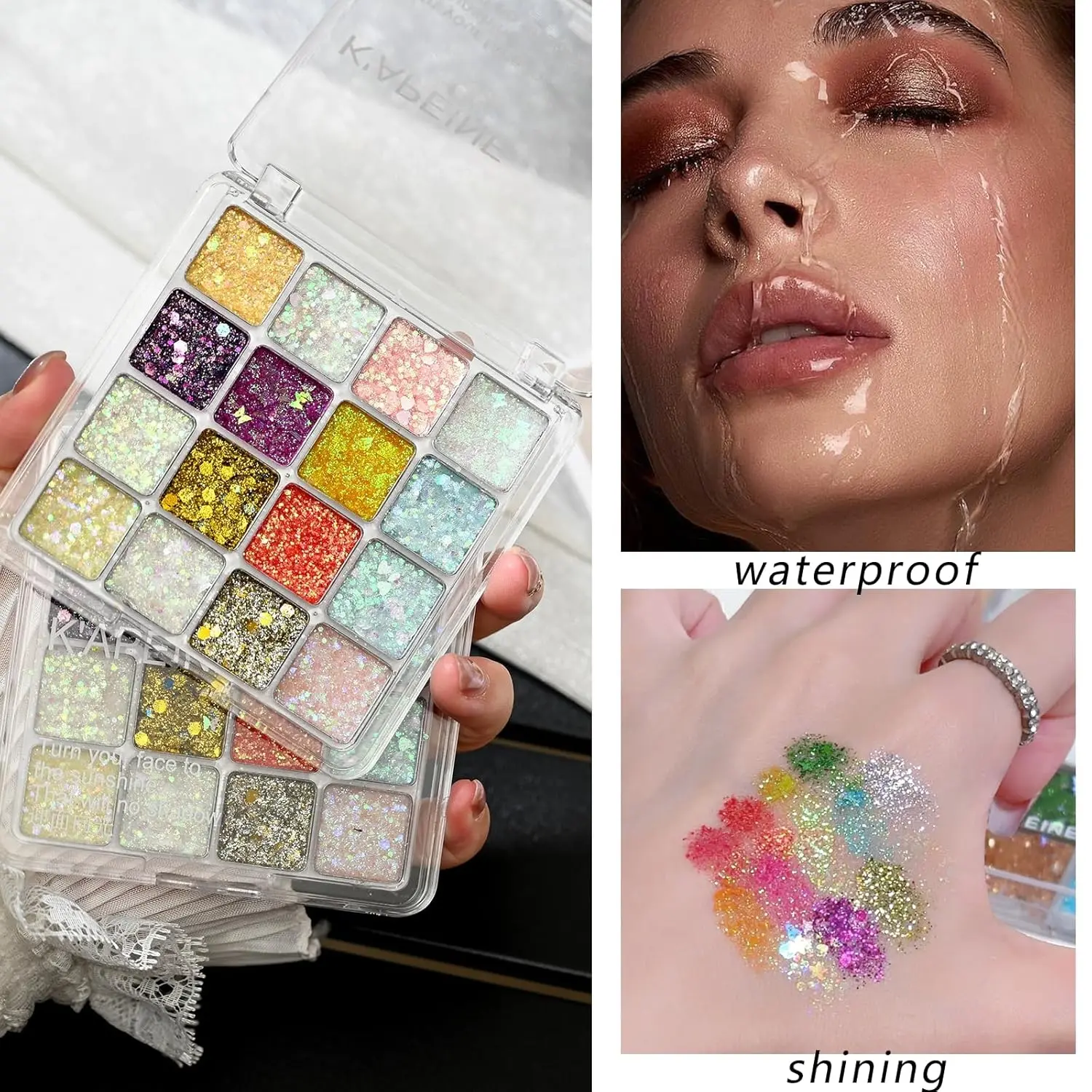 Colorful big glitter eyeshadow Makeup Palettes with diamond shimmer effect. Easy to apply with rich color payoff, long-lasting and snug fit. Suitable for daily brightening and party bold eye makeup. Shimmering Eyeshadow Palette
