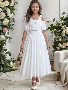 Ready Stock Elegant Tween Girls' all white clean girl clothes girly clothing Lace-Trimmed Off Shoulder White Dress - Perfect for Weddings, Beach Vacations, and Summer Events 42502007