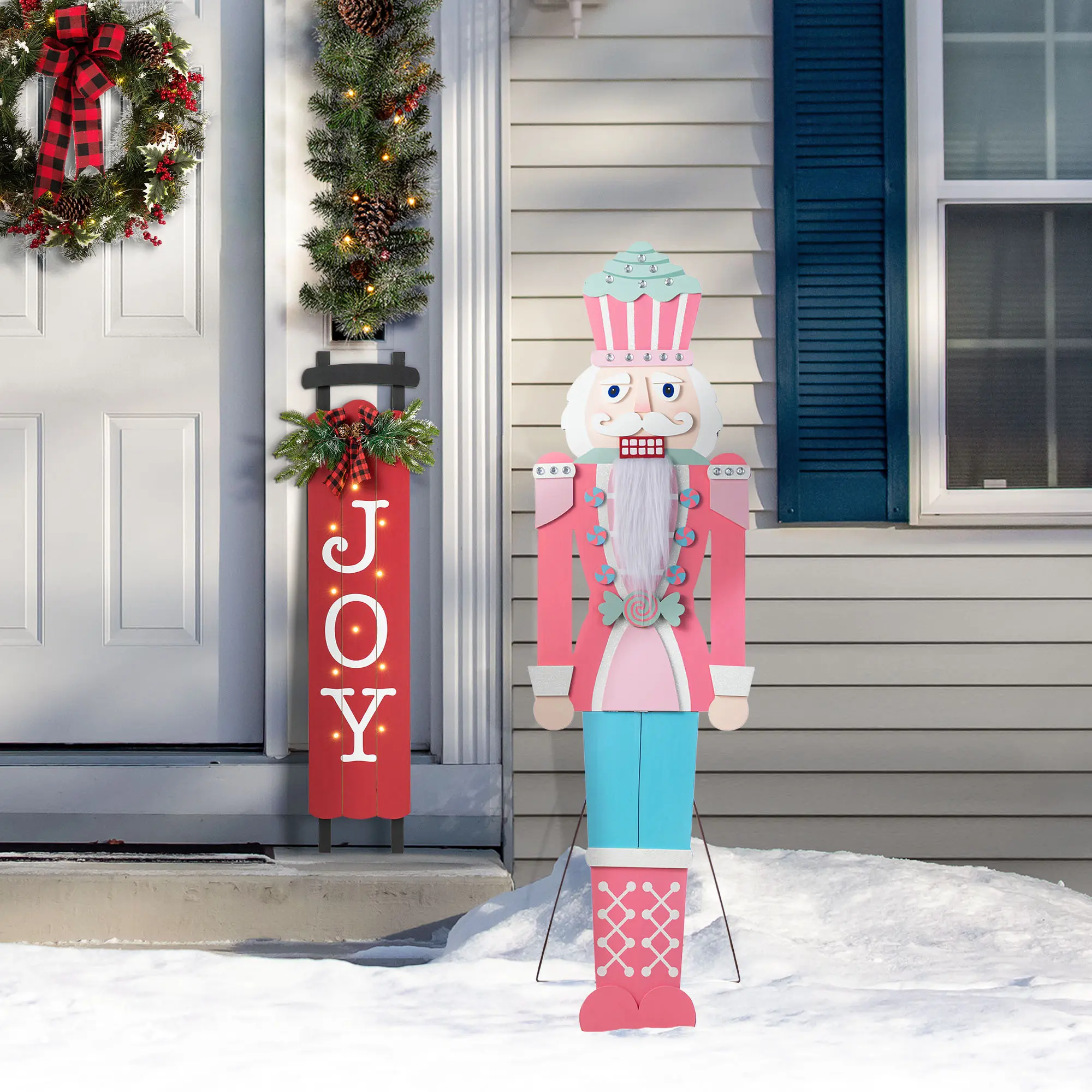 【Christmas in July】 Glitzhome 60"H Christmas Wooden Pink Nutcracker Porch Decor (KD)