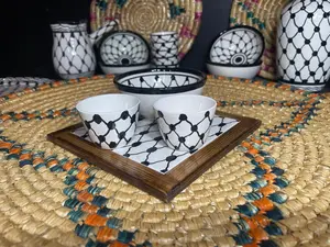 Kuffiyeh Coffee Set of 2 cups with 5 inch Deep Bowl Ceramic Handmade and Hand Painted Made in Palestine