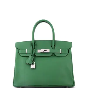 Pre-owned HERMÈS Leather Top Handle Bags Hermes Birkin Handbag Vert Bengale Epsom with Palladium Hardware 30 by Rebag