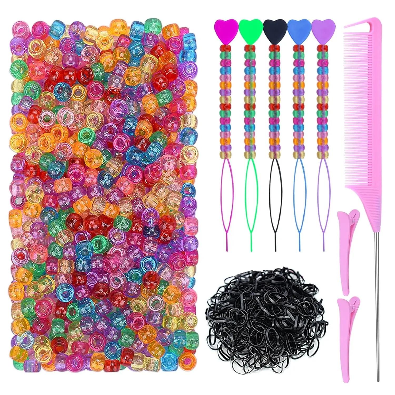 1008 count Hair Beads Kit for Girls and  Hair Braids, 500 count 9x6mm Glitter Pony Beads, 500 count Mini Elastic Rubber Bands, 5 count Quick Beaders, 1 count Rattail Comb and 2 count Duckbill Clips
