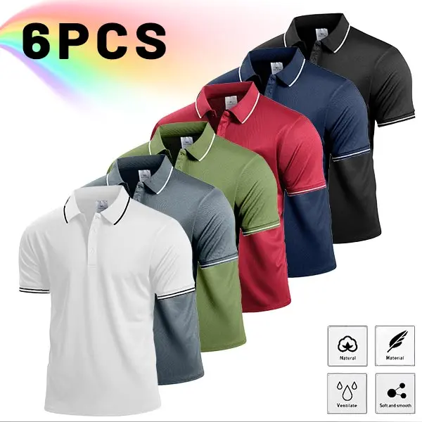 Men's Short-Sleeve Polo Shirts (Pack of 6), Vibrant Trendy Colors, Crisp Turn-Down Collar, Skin-Friendly Breathable Knit Fabric, Quick-Wicking, Suitable for Business