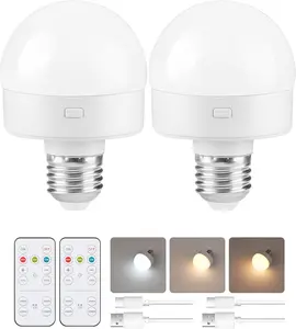 2 Pack Rechargeable E26 LED Light Bulbs with Remote, 3 Color Dimmable Cordless Bulbs, Timer Ambient Lights for Lamp, Bedroom, Closet outdoorfun Wireless USB Adjustable