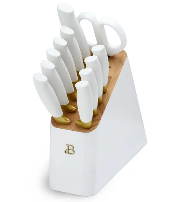 Beautiful 12 Piece Stainless Steel Knife Block Set, Soft-Grip Handles White Icing by Drew Barrymore