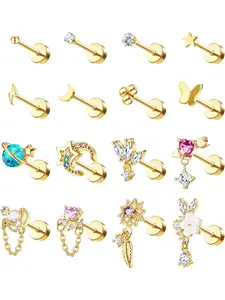 16 Pcs 20G Helix Earrings for Women Surgical Steel Cartilage Flat Back Stud Earrings Ear Piercing Conch Cartilage Earrings Tragus Helix Piercing Jewellery