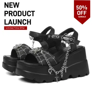 Platform Sandals Gothic Black Spider Buckle Punk Heart Chain Buckle Comfort Square Toe High Slope Heel Y2k Punk Alternative Girl Wedge Sandals For Women