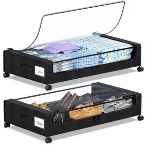 2-Pack Under Bed Storage with Wheels, Under the Bed Storage Containers with Clear Lids & Label, Underbed Storage Bins, XXL 60L Rolling Metal Drawer for Clothes, Shoes, Toys, Books - Black