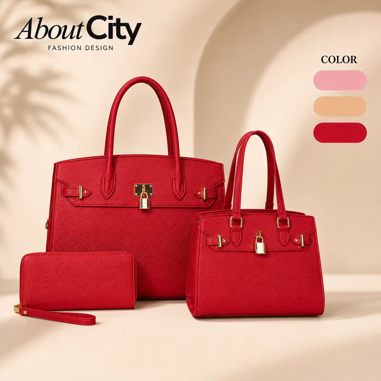 About City 3-Piece Women’s Handbag Set, Structured Large Tote, Medium Top Handle Bag & Matching Zip Wallet, Pebbled Texture Purse Set with Gold-Tone Hardware