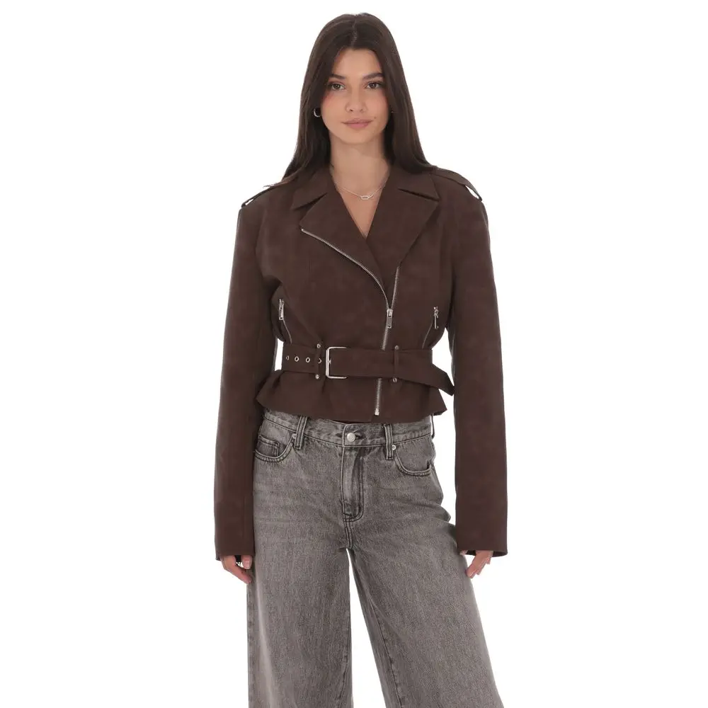Faux Leather Cropped Moto Jacket in Brown