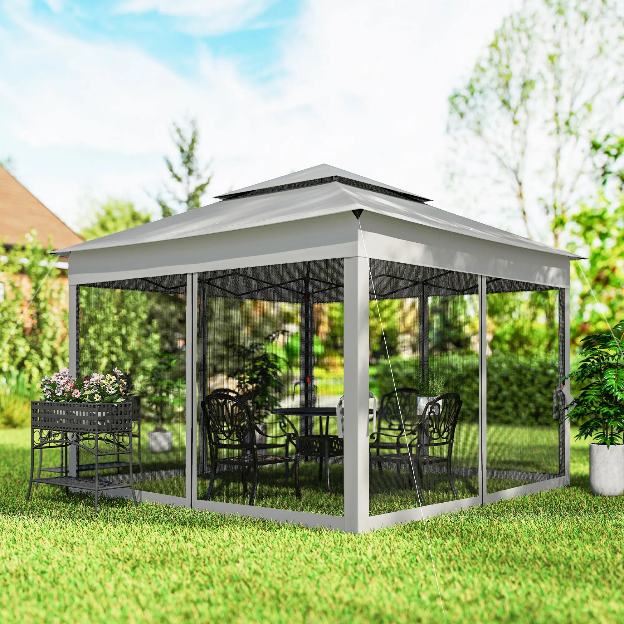 Outdoor Patio Pop Up Canopy Gazebo Shelter with Zipper Netting Carry Bag 11' x 11' Light Gray Steel Frame Powder Coated Finish