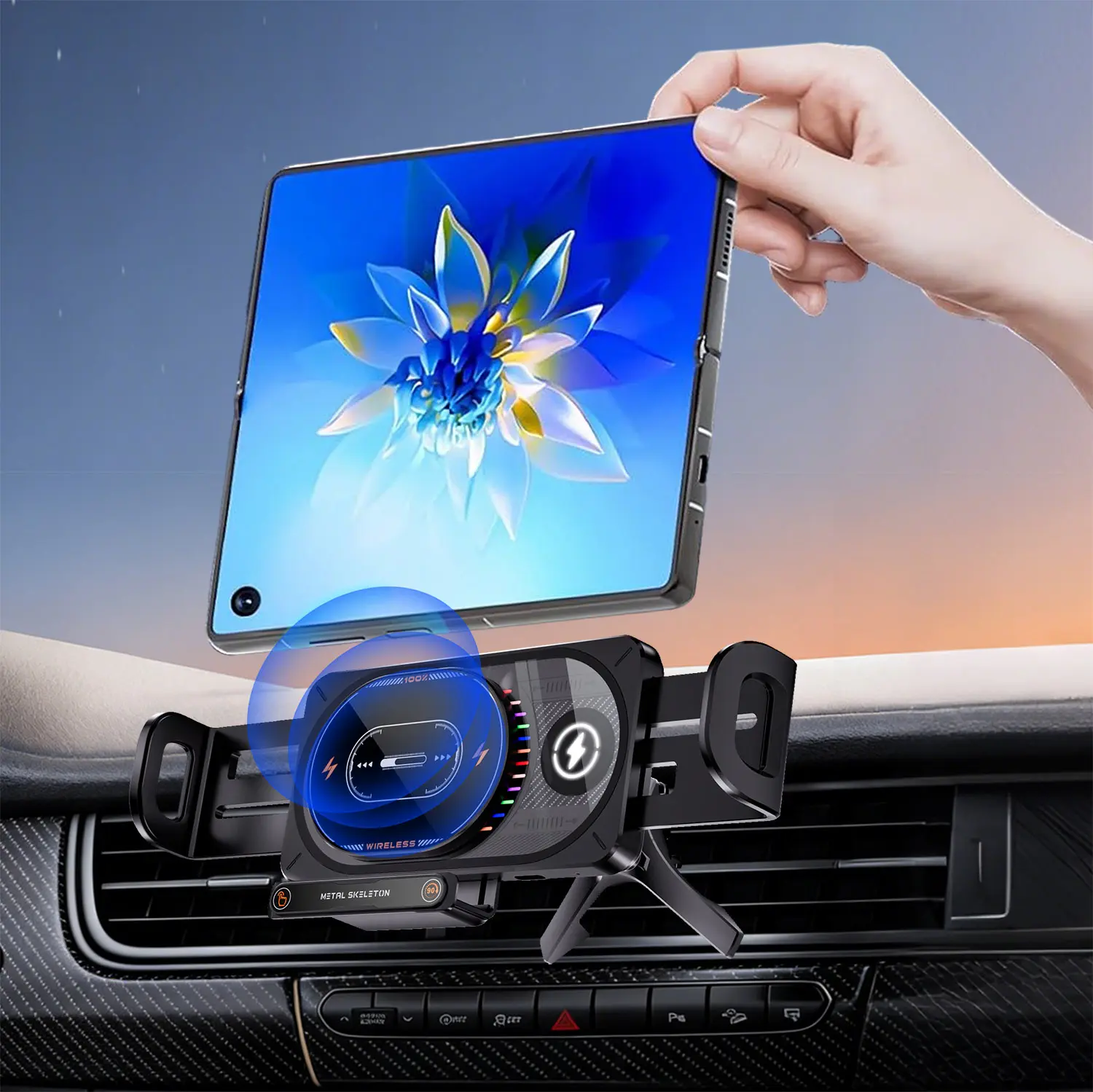 Wireless Charging Phone Holder Car Mount for Folding Screen/big screen Smartphone, 90° Rotating Car Mount Output Power 15W, Super Stable Air Vent Cell Phone Car Mount with Hook Clip, One Button Release for Samsung, iPhone 17 Pro Max 16 15 14 13 12