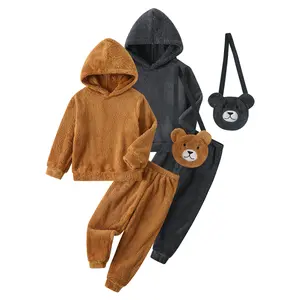 6-piece children's autumn and winter fashion fleece hooded bear suit boy 3-12 years old comfortable long-sleeved trousers suit+two matching bear print backpacks are fashionable and cute