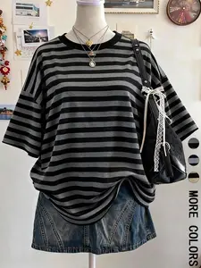 1 Piece Women's T Shirts, Spring Summer Black Gray Striped Crew Neck Short Sleeve  Loose Fit Drop Shoulder Tee Tops, Vintage Casual Streetwear Soft Breathable Flattering All-Match T-Shirt for Women Teen Girls Daily Office School Vacation Wear