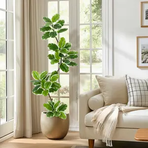 5FT Variegated Artificial Fiddle Leaf Fig Tree, Indoor Plant with Anti-Tip Sphere Planter, Moss & Decorative Fruit for Home Office Living Room Decor Gifts