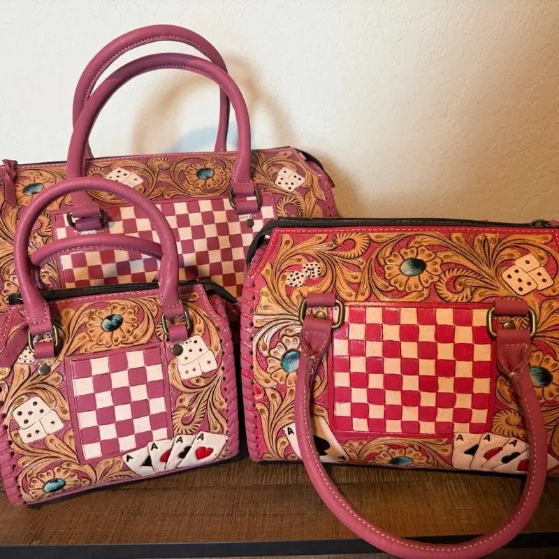 Women's Pink Checkered Speedy Handbag, genuine leather