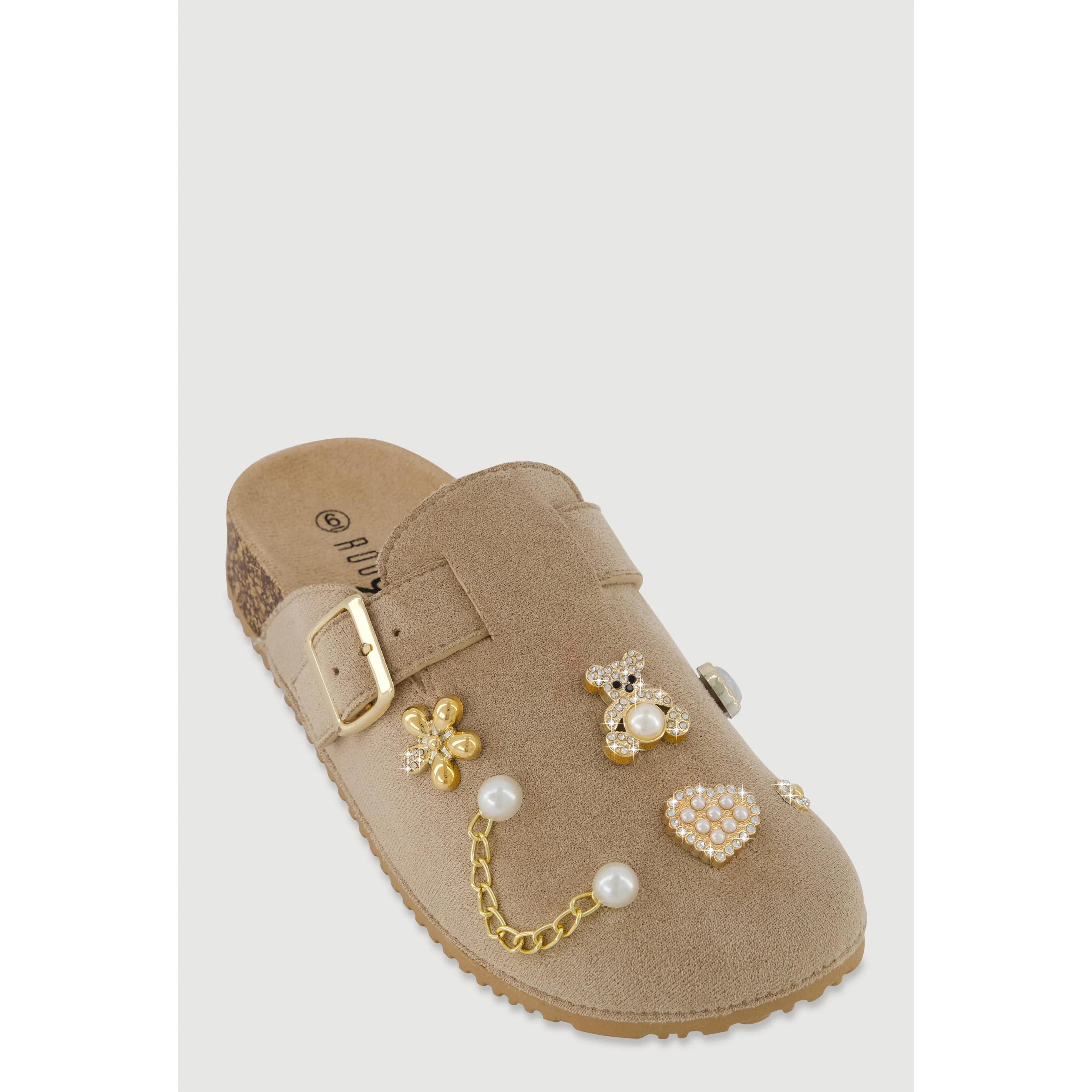 Faux Suede Clogs with Rhinestone and Faux Pearl Charms