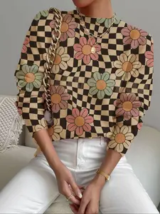 Women's Plaid Floral Print Stand Collar Fitted Sweater, Short Fall Winter Casual Long Sleeve Knitwear, Comfortable Warm Daily Wear Top