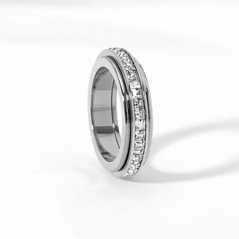 Cubic Zirconia Geometric Titanium Steel Band Fidget Rings - Couple's Promise Rings, Anti Anxiety Jewelry, Anxiety Management, Tension Relief, Comfort Fit Casual Accessories, Sizes 5-12 Daily Wear Wedding Alternative