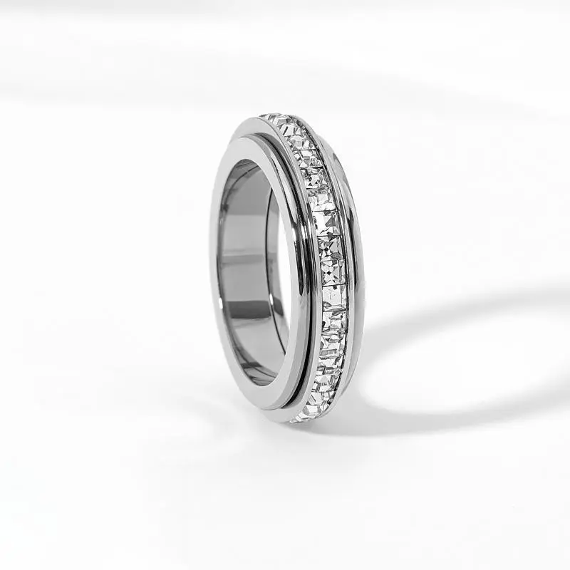 Cubic Zirconia Geometric Titanium Steel Band Fidget Rings - Couple's Promise Rings, Anti Anxiety Jewelry, Anxiety Management, Tension Relief, Comfort Fit Casual Accessories, Sizes 5-12 Daily Wear Wedding Alternative