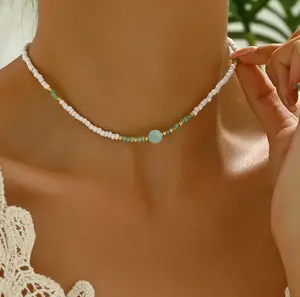 1pc Bohemian Glass Bead Necklace with Teal & Golden Accents - Handmade Beaded Jewelry for Women, Casual Attire & Thanksgiving Gifts, Year-Round Versatile Accessory