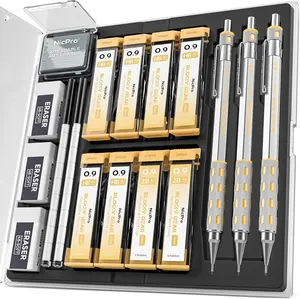 Nicpro Blocky Gear Mechanical Pencils Set in Case, 3 Pack Metal Pencil 8 Tube with Lead Refills (HB 2B), 3 Erasers for Professional & Adult Art Writing Drafting Drawing