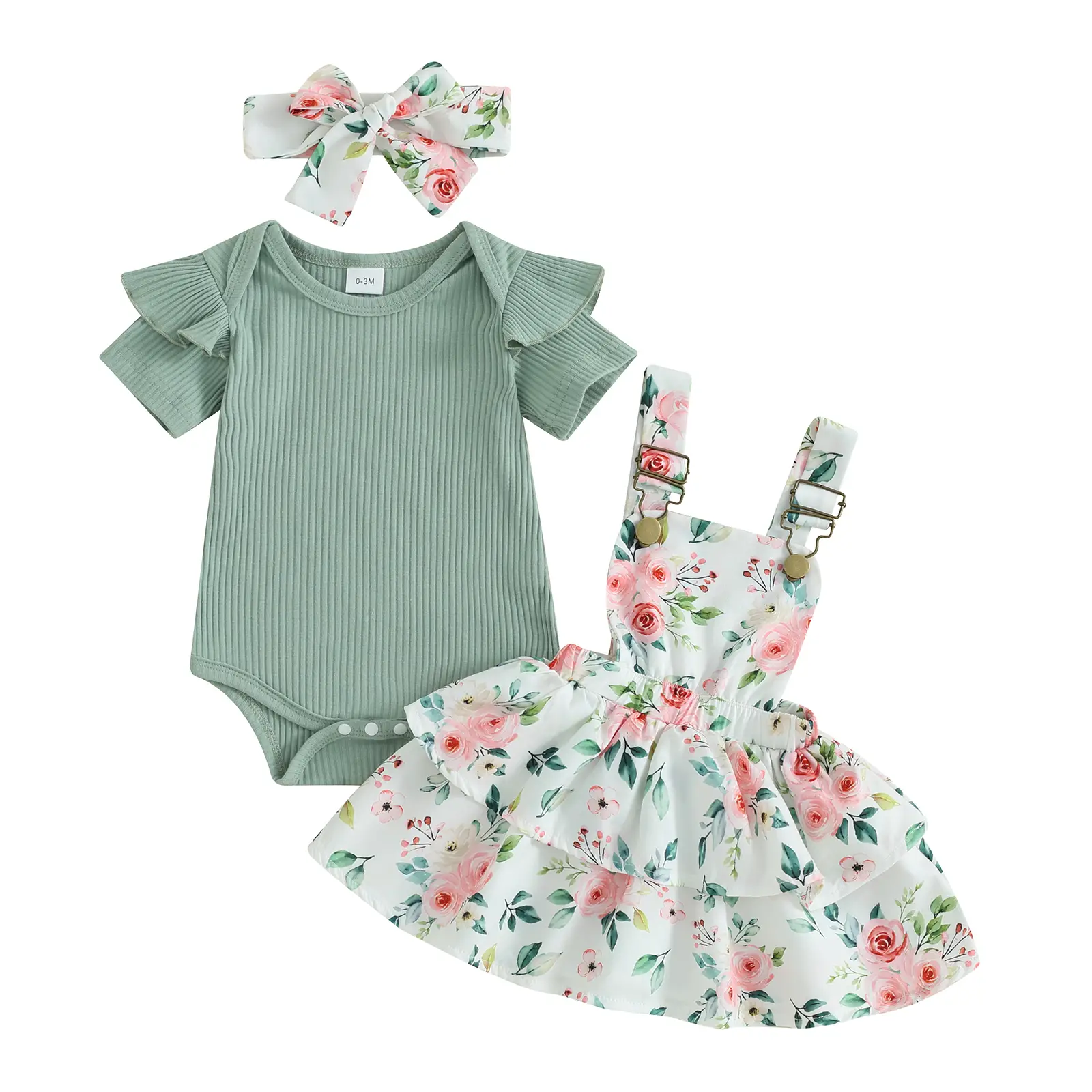 Infant Baby Girls Summer Clothes Sets Cute Ruffle Short Sleeve Ribbed Romper Tops Layered Suspender Dresses Bow Headband 3PCS Outfits